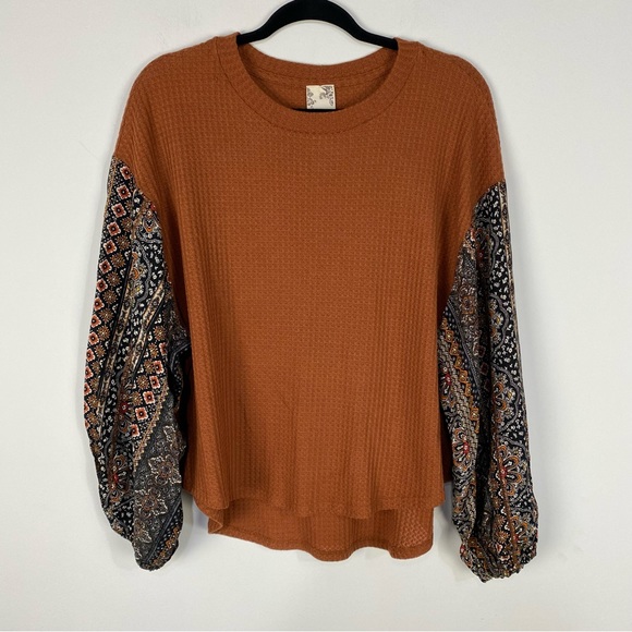 Blu Pepper Tops Blu Pepper Waffle Knit Balloon Sleeve Statement